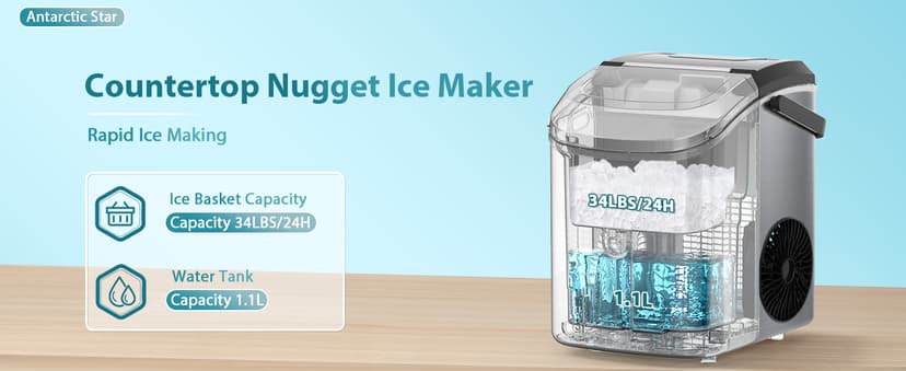 Antarctic Star Nugget Ice Maker Countertop with Soft Chewable Ice, Portable Sonic Ice Maker with Basket and Scoop, Removable Top Cover, Auto-Cleaning for Home/Party/RV/Camping (Stainless Steel Silver)