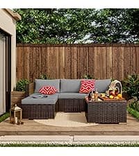 3 Pieces Outdoor Patio Furniture Set Rocking Bistro Set Outdoor Rattan Conversation with Coffee Table for Garden Balcony Backyard Poolside (Grey Cushion)