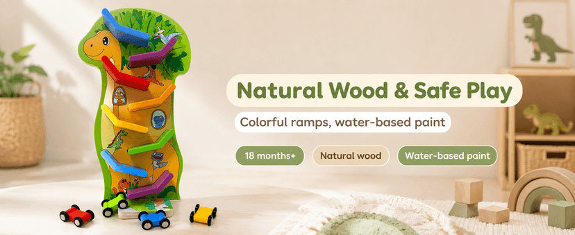 4 Mini Cars, 8 Level Race Track Car Truck, Car Toys for Toddlers 1-3, One 1st Birthday Gift Montessori Toys for 1 2 3 Year Old Boy, Dinosaur Wooden Car Ramp Race Track B0H7H5XWV5