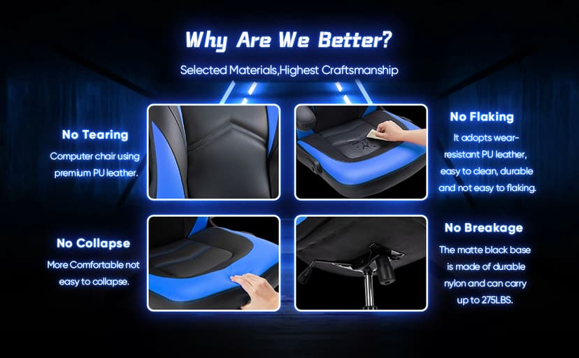 OLIXIS Computer Gaming Chair - PU Leather Ergonomic Lumbar Support with Flip-up Armrest and 360° Swivel Wheels, Height Adjustable Task Home Office Desk Video Racing, Black and Blue