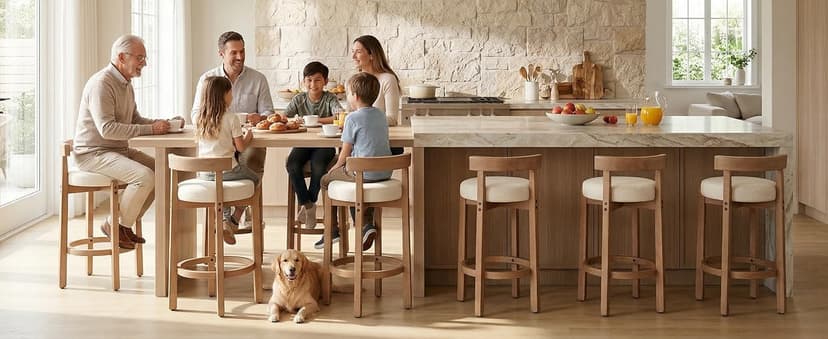 LukeAlon Mid Century Linen Counter Stools Set of 3, Upholstered 26.5" Seat Height Low Barstools with Natural Wood Legs Round Low Back Kitchen Stools with Footrest for Dining Room, Beige