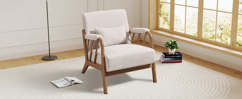 IOMOR Mid Century Modern Accent Chair with Solid Wood Frame Linen Fabric, Upholstered Living Room Chairs with Lumbar Cushion Padded Arms, Reading Armchair for Bedroom (1, Warm Beige)