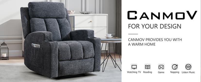 CANMOV Manual Recliner Chair with Massage and Heat, Soft Fabric Recliner Chair with Overstuffed Arm and Back, Manual Reclining Single Sofa with 2 Cup Holders, Side Pocket for Living Room, Dark Grey