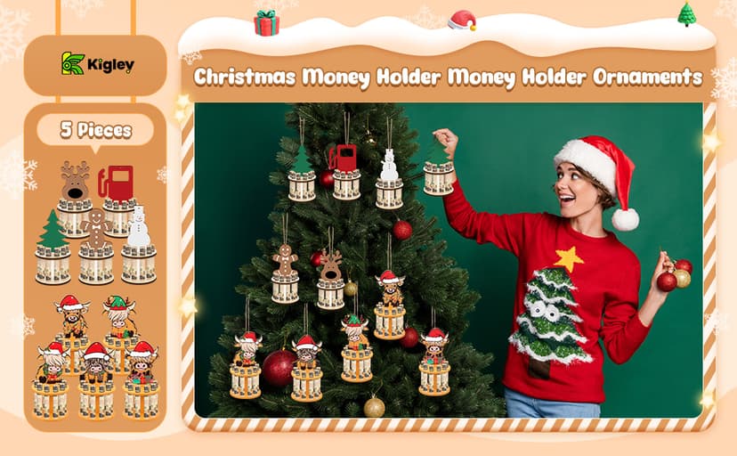 Kigley 5 Pieces Christmas Money Holder Ornaments with 10 Holes Handmade Wooden Christmas Cash Holders, Money Holder Xmas Ornaments Holiday Table Decorations(Assorted Style)