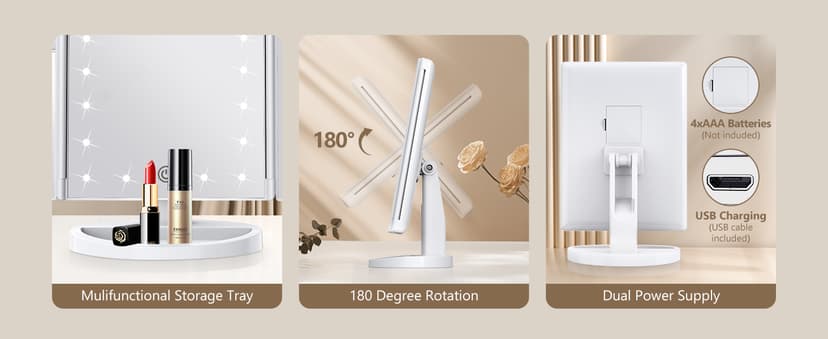 HUONUL Makeup Mirror Vanity Mirror with Lights, 2X, 3X, 10X Magnification, Touch Control, Trifold, White, 9.4" L x 13.4" W, Modern Style, Dresser Mount, Bathroom