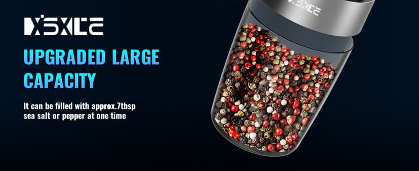 XinXu Gravity Electric Pepper and Salt Grinder Set, Adjustable Coarseness, Battery Powered with LED Light, One Hand Automatic Operation, 2 Pack/Black