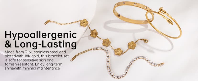18K Gold Plated Bangle Bracelet Set for Women Stackable Lucky Floral Adjustable Tennis Bracelet Non Tarnish Gift Jewelry for Christmas Valentines Birthday Mother's Day B0FH8ZYLJL