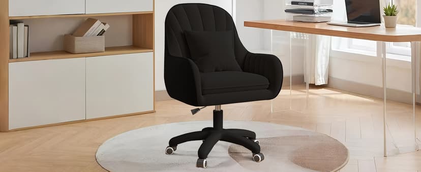 Mid Back Velvet Vanity Chair Swivel Rolling Desk Chair with Wheels, Modern Upholstered Makeup Chair for Women Girls, Computer Task Chair for Bedroom Living Room Office, White