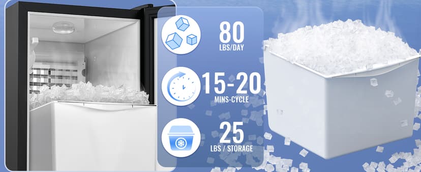 Commercial Under Counter Ice Maker Machine, 80 LBS/Day with 25 LBS Storage Bin, 15'' W Built-in & Freestanding Ice Maker, Auto-Cleaning, Ideal for Commercial Home Bar