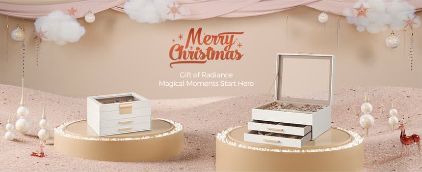 SONGMICS Jewelry Box Organizer with Glass Lid, 3-Layer Jewelry Storage, with 2 Drawers, Modern Style, Christmas Gift, 8 x 9.1 x 5.3 Inches, Cloud White and Gold Color UJBC239WT