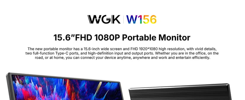 WGK 15.6 inch Portable Monitor 1080P FHD Travel Display HDMI/USB-C Compatible with Laptops, Desktops, Phones, PS, Mac, Xbox, Switch, and Other Gaming Devices Includes Stand and Speakers VESA