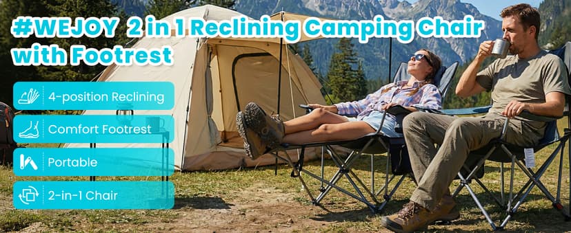#WEJOY 2-in-1 Reclining Camping Chair with Footrest for Adults Folding Lounge Chair with Adjustable Backrest Lightweight Camping Chairs Heavy Duty Camp Chairs for Outdoor
