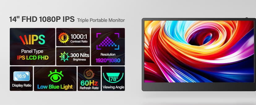 CIDETTY Laptop Screen Extender, 14'' FHD 1080P IPS Ultra-Thin Dual/Triple Monitor Display, HDMI/USB-C Plug-Play Portable Monitor for Laptop, Built-in Speakers(Mac, Win, Android)