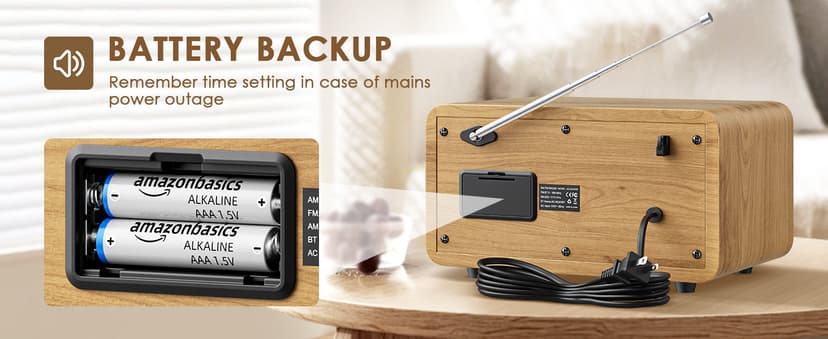 Vintage Wood AM FM Bluetooth Radio with Clock, Digital Clock Radio for Bedroom with LCD Display | 40 Presets | Sleep Timer | No Alarm, Retro Bluetooth Speaker for Office, Kitchen (Wood)