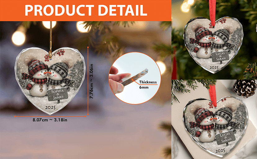 Noni Personalized Couple Heart Glass Ornament, Custom Names Printed and Year 2025, Snowman Couple Art Clear Faceted Tree Keepsake, Gifts for Couples, Gifts for Christmas