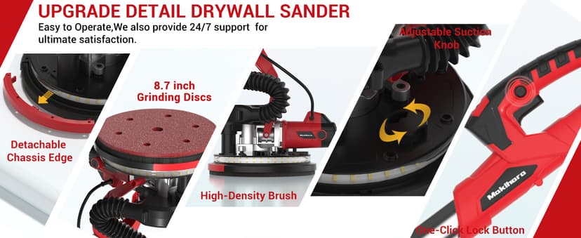 Drywall Sander, Popcorn Ceiling Removal Tool, 1000W Drywall Sander with Vacuum Dust Collector, 6 Variable Speed 500-2000rpm, 18pcs Sanding Discs, Led Light, Foldable & Extendable Handle