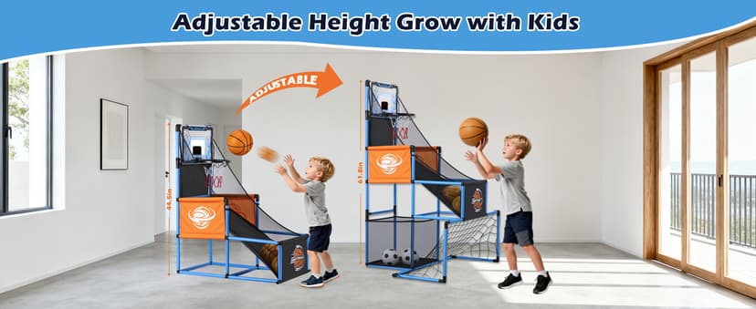 2 in 1 Basketball Arcade Game & Soccer Goal for Kids, Adjustable Kid Basketball Hoop with 6 Balls and Pump, Indoor Outdoor Games for Kid Toys for 3-12 Year Old Kids Birthday Gifts for Boys Girls