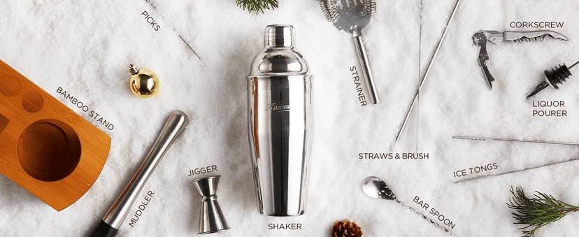 KITESSENSU Cocktail Shaker Set Bartender Kit with Stand | Bar Set Drink Mixer Set with All Essential Accessory Tools: Martini Shaker, Jigger, Strainer, Mixer Spoon, Muddler, Liquor Pourers |Silver B08BYJ8KSR