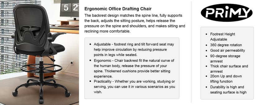 Primy Drafting Chair Tall Office Chair with Flip-up Armrests Executive Ergonomic Computer Standing Desk Chair with Lumbar Support and Adjustable Footrest Ring (Black)