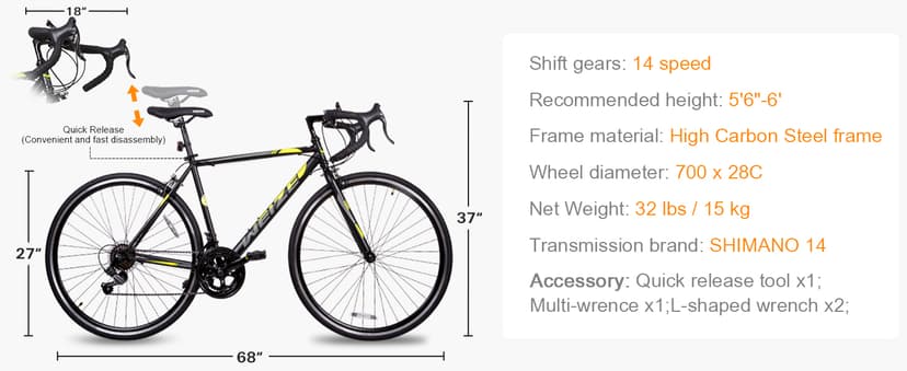 WEIZE Road Bike, 700C Wheel City Commuter Bicycle, 14 Speed Drop Bar, Racing Adult Bike with Caliper Brakes, High-Carbon Steel Hybrid Bikes, Urban Adult Bicycle for Men and Women