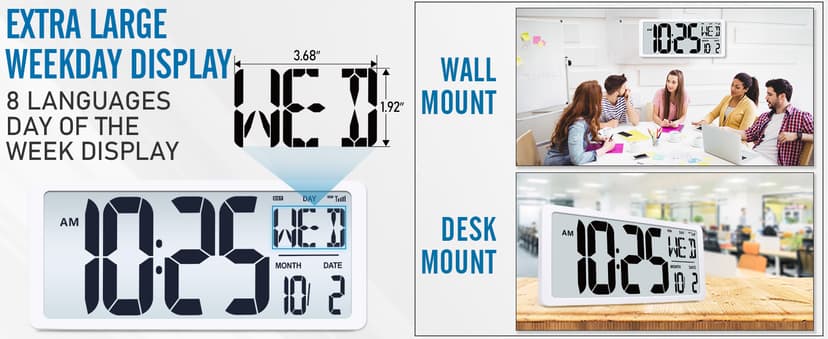 Large Digital (6" Numbers) Wall Clock Battery Operated, 18.4" Walll Clock Display with Day, Date & Temperature, Large Wall Clock for Bedroom, Livingroom, Office