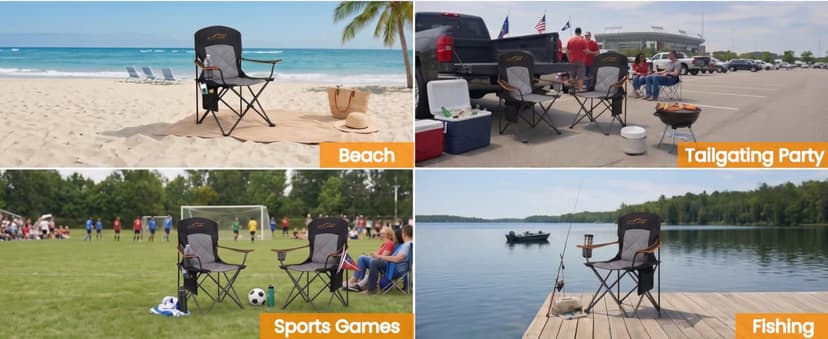 FAIR WIND Oversized Fully Padded Camping Chair, Heavy Duty Quad Fold Chair Arm Chair Support 350 LBS with Cup Holder, Collapsible Lumbar Back Chair Portable for Outdoor, Black
