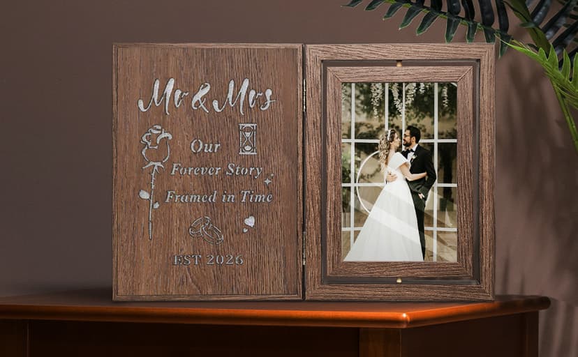 Bridal Shower Gifts for Bride Groom, Wood Wedding Photo Frames 4x6 for 2 Pictures EYITUPC Rotating Light Up Mr Mrs 2026 Wood Frame Bridal Shower Wedding Gift B0G1Y2DY35