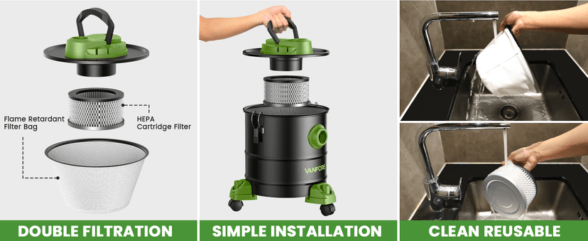 VANPORE Ash Vacuum Cleaner 5.2 Gallon with 1200w Suction Power&Wheeled Base, Ash Vacuum for Pellet Stoves, Fireplaces, Grill, Wood Stove, Fire Pits,Green