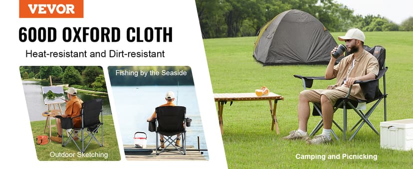 VEVOR Oversized Camping Folding Chair, Portable Heavy Duty Outdoor Quad Lumbar Back Padded with Side Pockets, Cup Holder and Cooler Bag for Beach, Lawn, Picnic, Fishing, Backpacking, Black