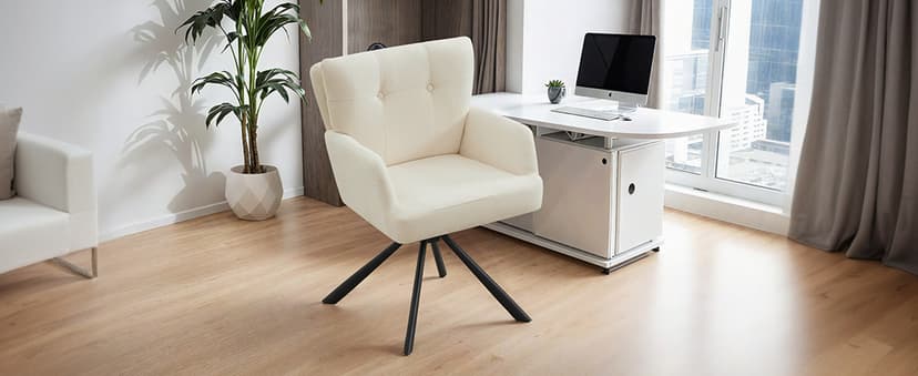 WUTUTUEE Fabric Dining Chair Modern Upholstered Swivel Dining Room Chairs Comfy Accent Armchair with Mid Back, Desk Arm Chair No Wheels for Kitchen/Living Room/Home Office, White