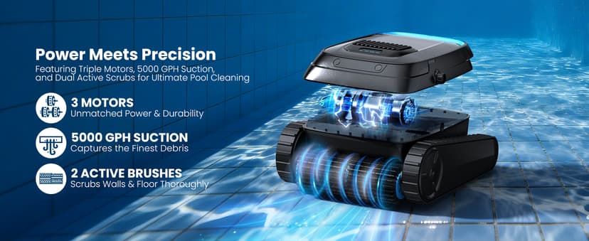 Robotic Pool Vacuum PC10, Cordless Pool Cleaner Robot for Inground & Above Ground Pools, Smart Navigation, 5000GPH Suction Power for Cleaning Floor, Wall & Waterline, Self-Parking, Black