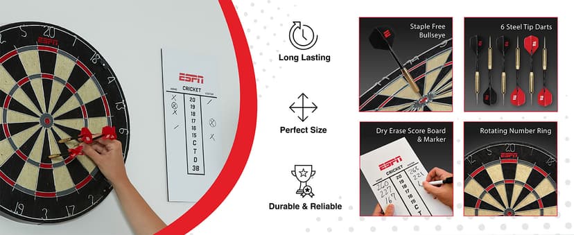ESPN Dart Board Includes 6 Steel Tip Darts, Bristle Dartboard with Radial Spider Wire and Staple Free Bullseye, Ideal Gifts for Men