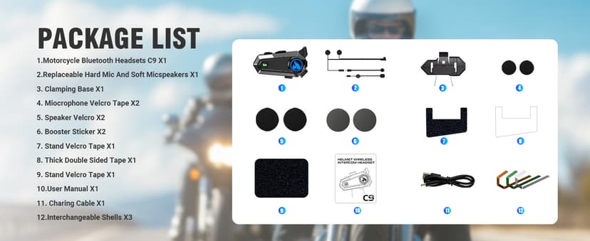 C9 Motorcycle Helmet Bluetooth Headset, V5.4 Helmet Speakers with 2 Type Mics, 2-Way Intercom/Music Sharing/IPX6 Waterproof/Intelligent Noise for Ski/Dirtbike/Snowmobile, Helmet Accessories