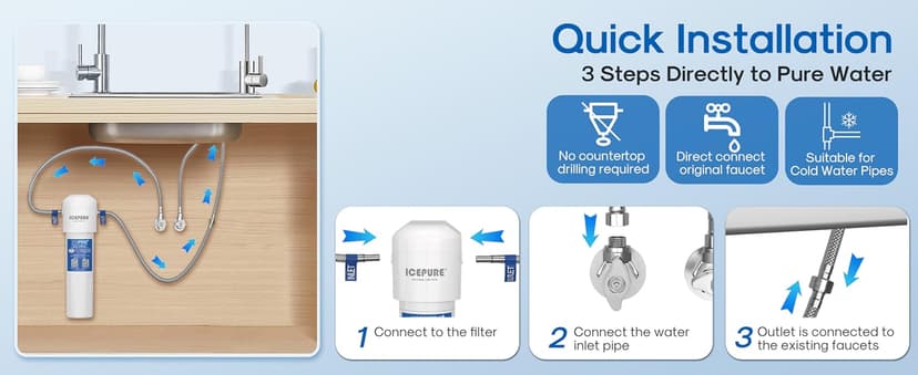 ICEPURE Under Sink Water Filter System, 3 Years or 22000 Gallons Ultra High Life NSF/ANSI 42 Certified, Removes Heavy Metals,Chlorine,Direct Connect Under Counter Drinking Water System, USA Tech