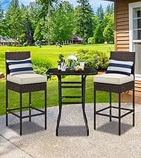 Yaheetech 7 Piece Patio Furniture Set, Outdoor Dining Acacia Wood Table Top Rattan Conversation Set with Soft Cushions, 6 Chairs & 1 Table for Backyard, Deck, Garden & Yard, Black/Beige