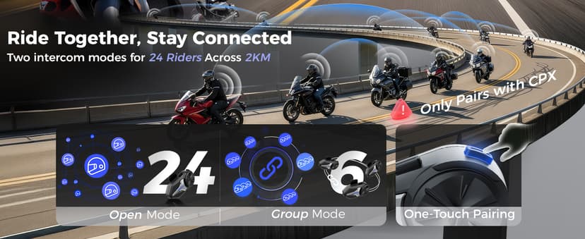 Moman Motorcycle Intercom, Group Intercom Communication Systems, FM, Hi-Fi Stereo, CVC Noise Cancellation, Waterproof BT5.1 Helmet Speaker Headset, 24 Riders Mesh Communicate(CPX 1 Pack)