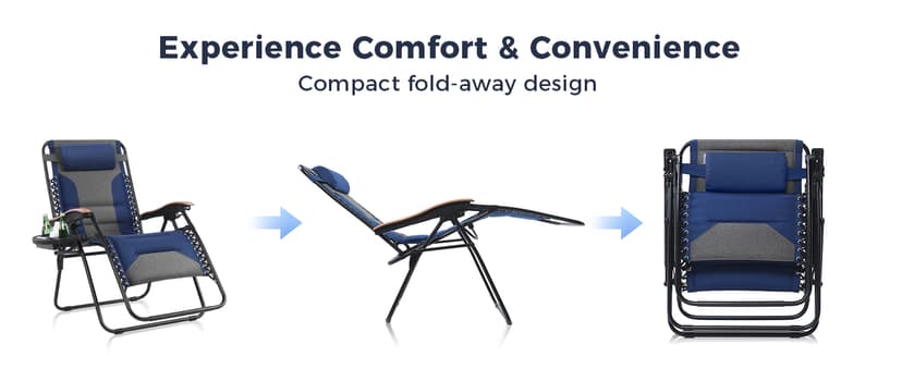 MAISON ARTS Oversized XXL Padded Zero Gravity Chair, 30" Wide Seat Foldable Patio Recliner, Anti Gravity Outdoor Lawn Chair with Cup Holder & Pillow, Supports 400lbs, Blue & Grey