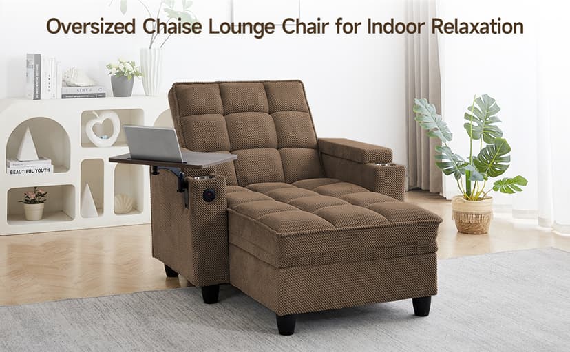 41.7" Oversized Chaise Lounge Chair Indoor, Boucle Upholstered Sofa Bed with Adjustable Backrest, Deep Seat Reading Chair, Sofas Couches for Living Room, Storage, Cup Holders & 360° Swivel Side Table