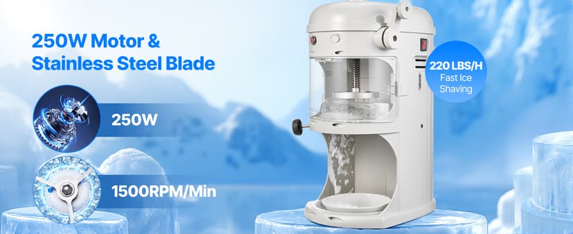 VEVOR Commercial Ice Shaver Crusher, 220lbs/hr Electric Fluffy Ice & Snow Cone Machine, 250W 1500RPM Tabletop Fluffy Shaved-Ice Machine for Parties Events Snack Bar, Home and Commercial Use (White)