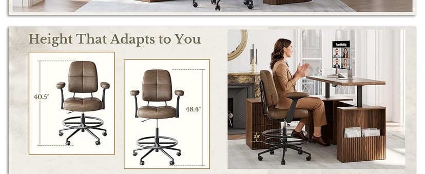 Drafting Executive Chair, Tall Office Chair with Padded Flip-Up Armrests, Mid-Back Cushioned Seat, 360° Swivel Rolling Computer Desk Chair for Standing Desk & Home Office, Vintage Brown