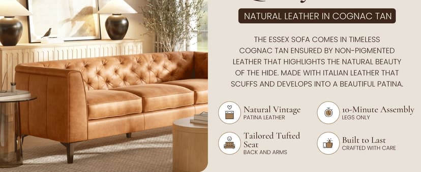 POLY & BARK Essex 89” Full-Grain Italian Leather Sofa – Tufted Back, Feather-Down Comfort, Solid Wood Frame, Cognac Tan