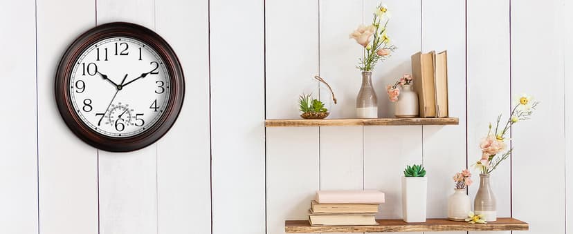 KECYET 8.5 Inch Outdoor Wall Clock with Thermometers, Vintage Silent Wall Clocks Battery Operated, Retro Non-Ticking Clock Decorative for Living Room, Patio, Kitchen, Office, Bathroom, Bedroom(Bronze)