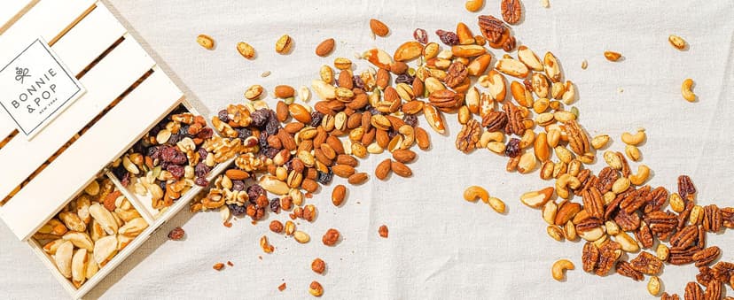 Nut Gift Basket, in Reusable Wooden Crate, Healthy Gift Option, Gourmet Snack Food Box, with Unique Flavors, Great for Feel Better, Sympathy & Birthday- Bonnie & Pop