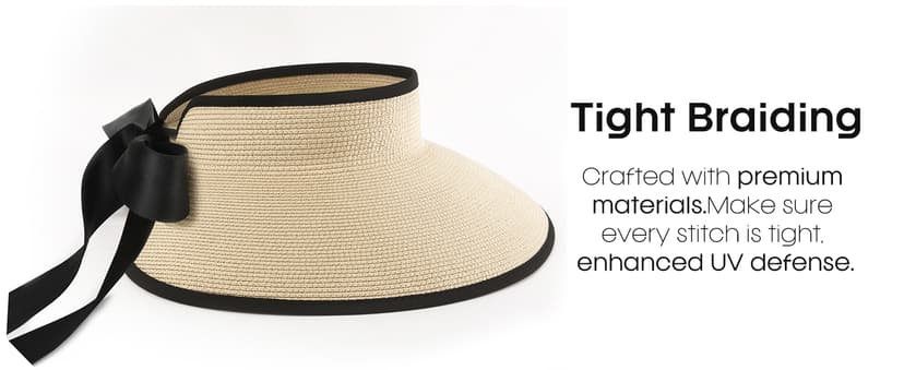 Camptrace Sun Visors for Women Wide Brim Beach Hat Foldable Straw Visor Hat Ponytail Summer Packable UPF 50+