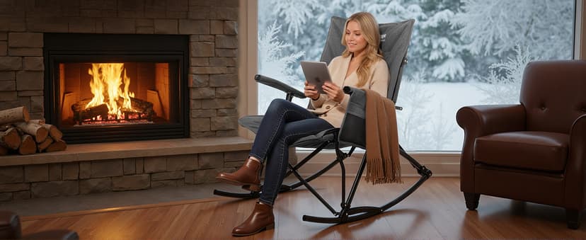 Huskfirm Oversized Rocking Camping Chair Folding Rocking Chair with High Back Padded Outdoor Rocking Chair Heavy Duty Portable Rocker Chair for Camping, Lawn and Patio, Supports Up to 400 lbs, Grey