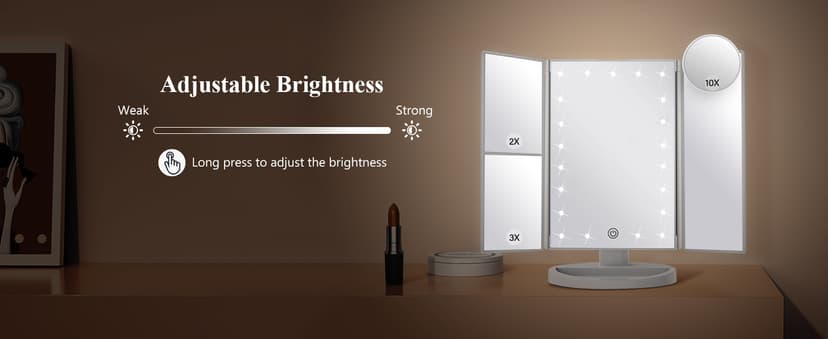 HUONUL Makeup Mirror Vanity Mirror with Lights, 2X, 3X, 10X Magnification, Touch Control, Trifold, White, 9.4" L x 13.4" W, Modern Style, Dresser Mount, Bathroom