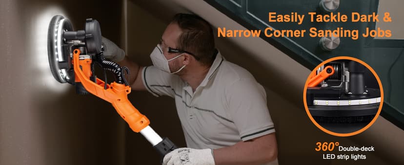 Drywall Sander, 1000W Popcorn Ceiling Removal Tool, Automatic Drywall Sander with Vacuum Dust Collection, LED Light, 6 Variable Speed 800-2200RPM, Foldable & Extendable Handle,15Pcs Sanding Discs