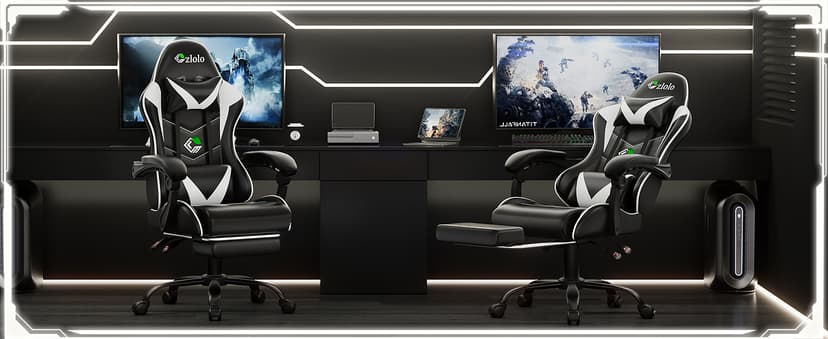 Czlolo Gaming Chair with Footrest Racing Style Lumbar Support Massager Video Game Chair with Metal Legs, High Back Reclining Gamer Chair with Headrest, 360° Swivel Office Computer Desk Chair (White)