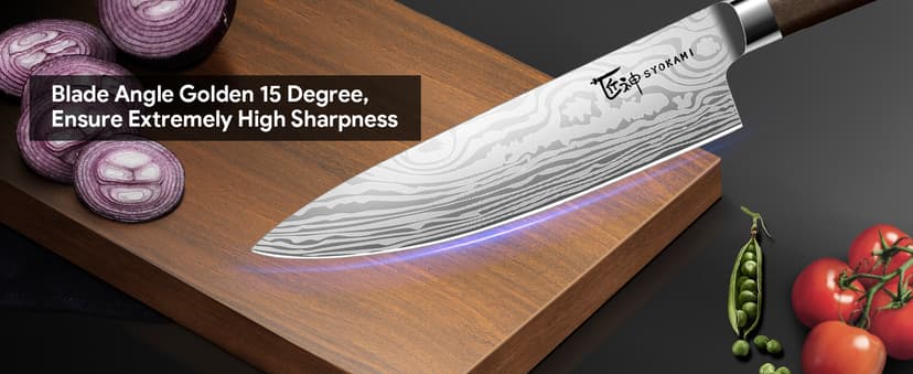 360° Rotatable Block, Japanese Style Chef Knife & Steak Knife Set with Sharpener, Wood Handle, Damascus Pattern, Ideal Gift SYOKAMI 14-Piece Kitchen Knife Set with Magnetic Block, New for 2026 B0CB122YV5
