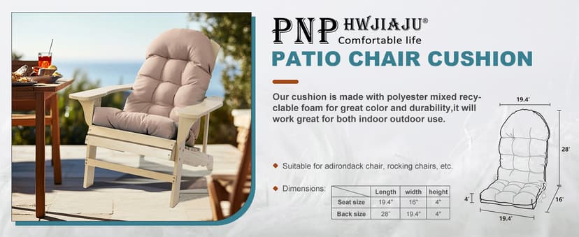 Adirondack Chair Cushion, Rocking Chair Cushion 44x19.4x4 inch, High Back Patio Cushions of Upper and Lower with Ties, Sunscreen and Fade-Resistant (Beige, 2)